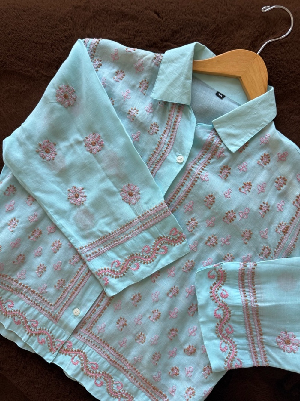Light Aqua Embroidered Button-Up Blouse with Pink Accents